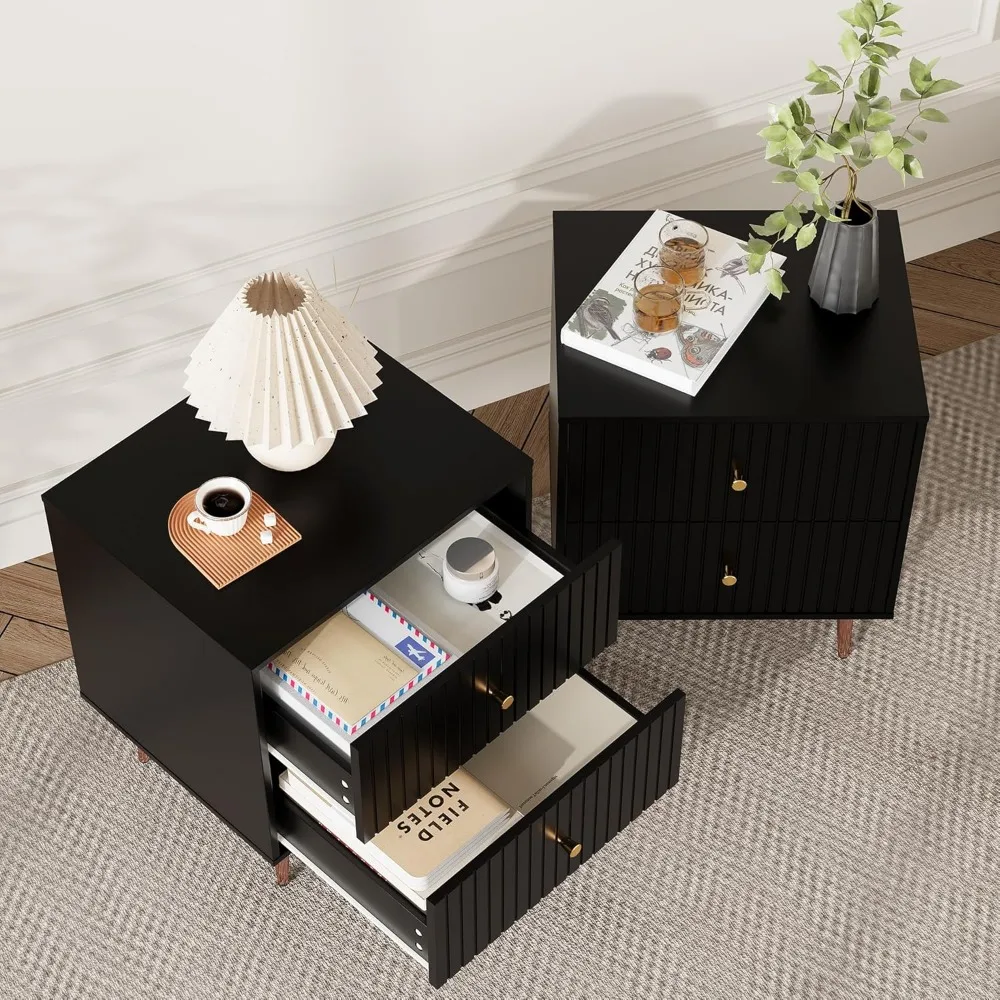 Zwarte nachtkastjes set van 2 personen, nachtkastje met opbergruimte met 2 lades, modern nachtkastje en bijzettafeltje van hout met rosé goud