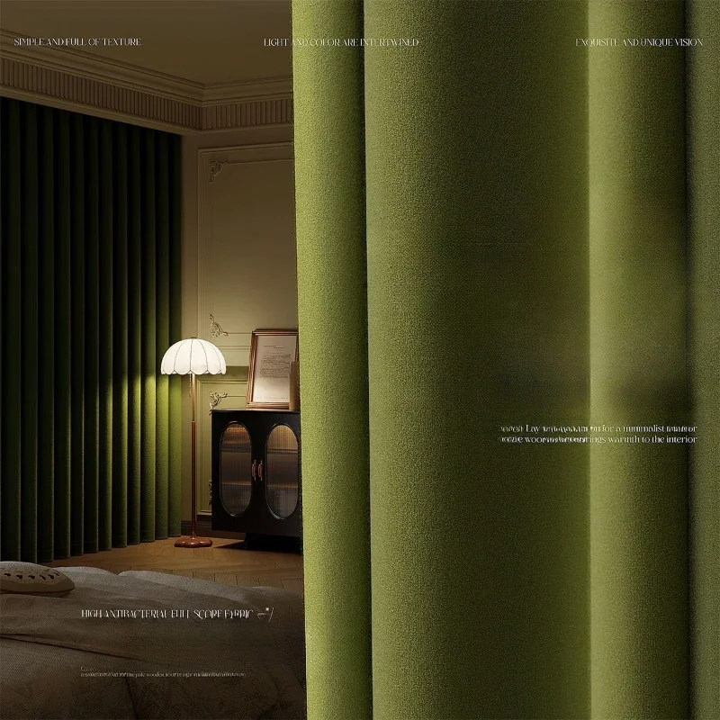 

French Retro Green Sheep Plush Curtains Light Luxury Fully Blackout Australian Cashmere Solid Color Curtains Bedroom Living Room