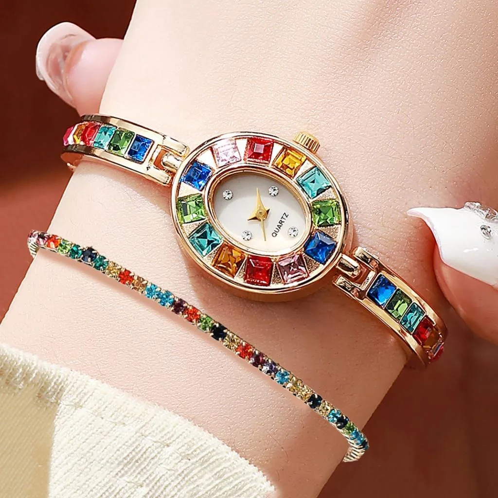 2PCS النساء حجر الراين ووتش مجموعات الطلب الصغير سبيكة السيدات كوارتز ووتش سوار ملون مجاني
