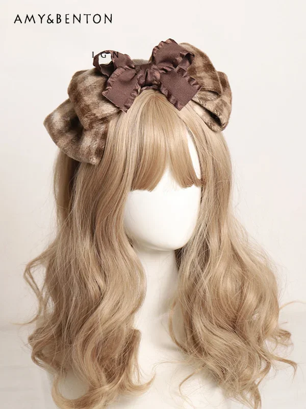 Retro słodka opaska do włosów w kratę francuski temperament śliczna wełniana kokardka Patchworkowe opaski do włosów dla kobiet Kawaii Lolita akcesoria do włosów