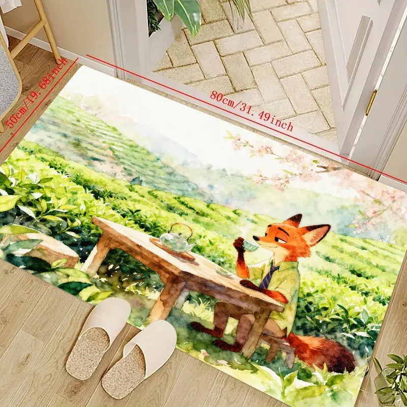 

1 шт. аниме мультфильм лиса напольный коврик, акварельный зеленый чайный пейзажный коврик, нескользящий впитывающий декоративный коврик, эстетический