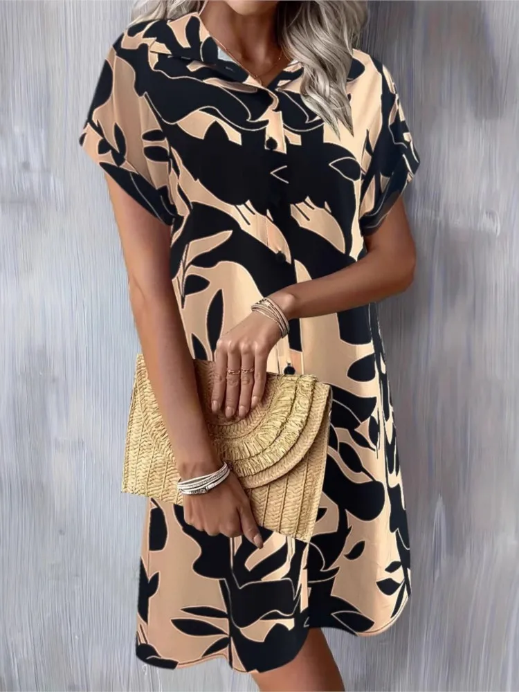Robe d'été à manches courtes pour femmes, nouvelle mode, tempérament, revers, taille ample, chemise imprimée, boutons, robes décontractées