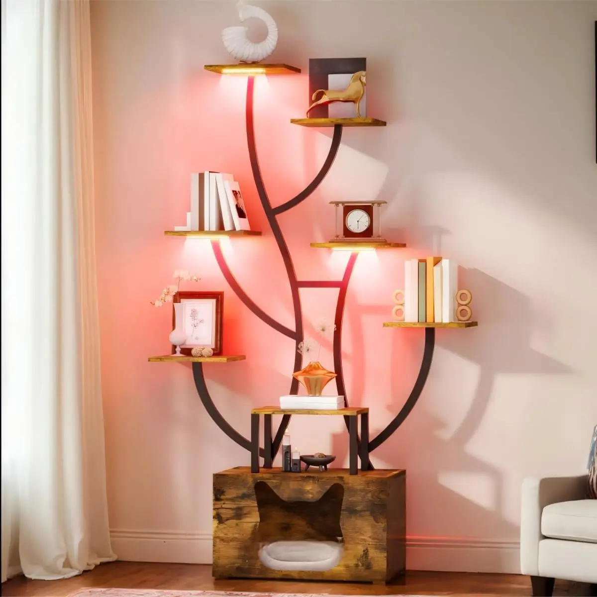 Tall Bookshelf with LED Light, Artistically Designed Tree Bookshelf with Cats Litter Box, 8-Tier Unique Bookshelves Corn