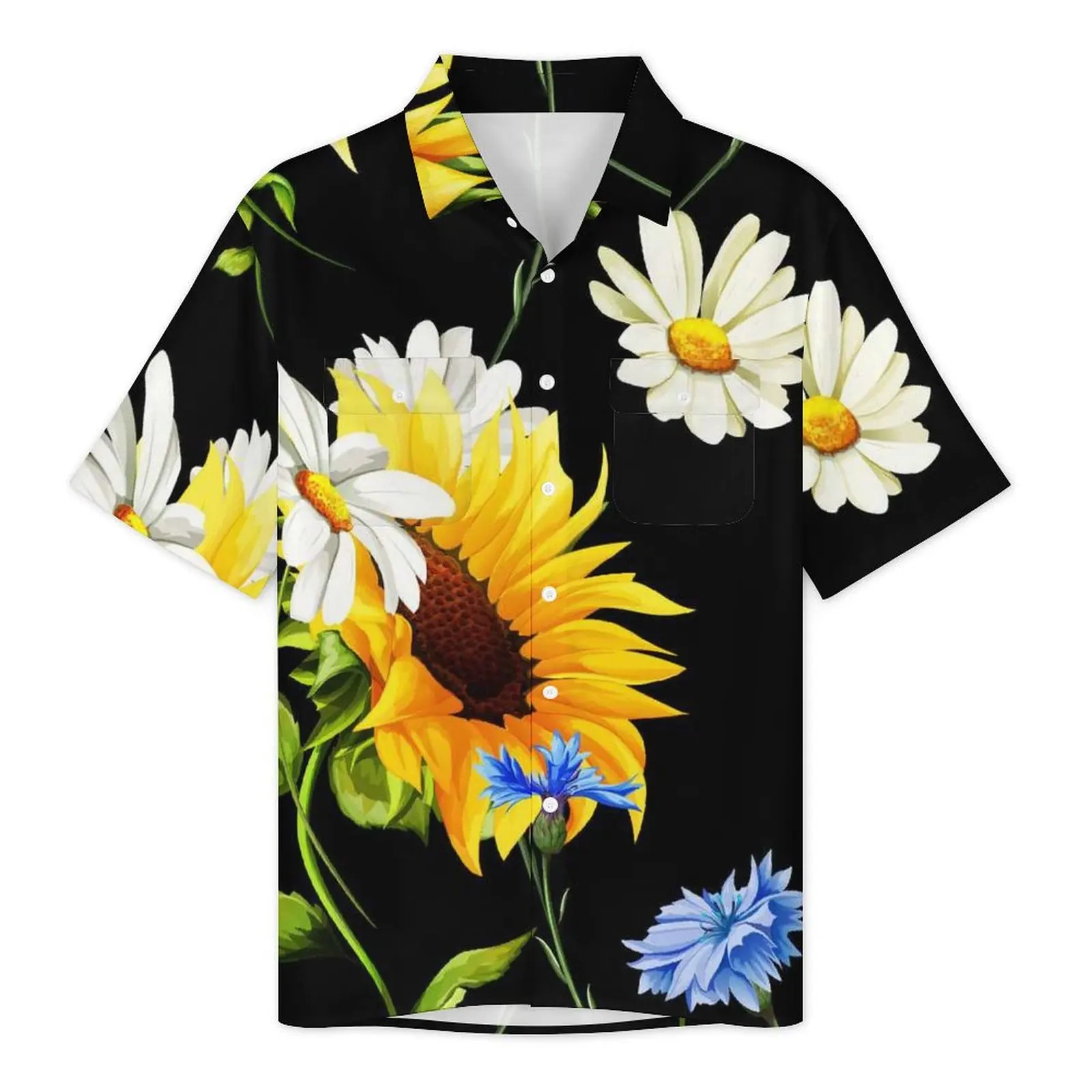 Yellow Sunflower Vacation Shirt White Blue Flowers Print Hawaiian Casual Shirts Man Elegant Blouses Short-Sleeve Streetwear Top