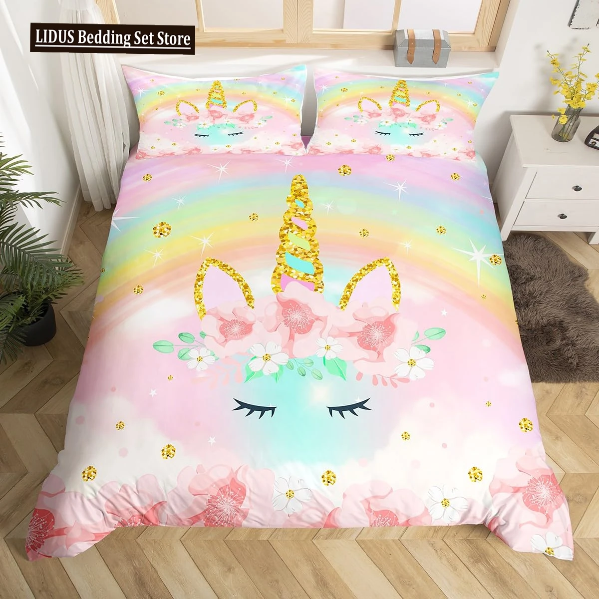 

Unicorn Duvet Cover Set Cartoon Galaxy Rainbow Colourful Unicorn Cute Romantic Theme For Kids Girls Polyester Comforter Cover