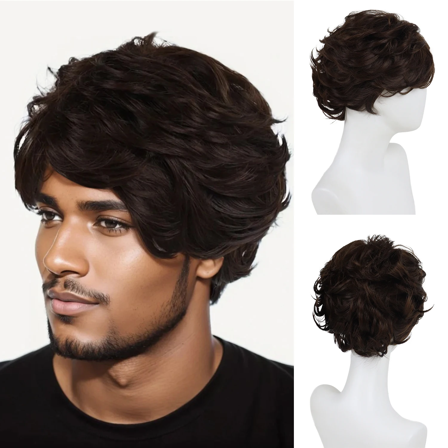 

Synthetic Hair Short Curly Wig for Men Dark Brown Wigs with Bangs Heat Resistant Man Hair Replacement Wigs Daily Cosplay Party