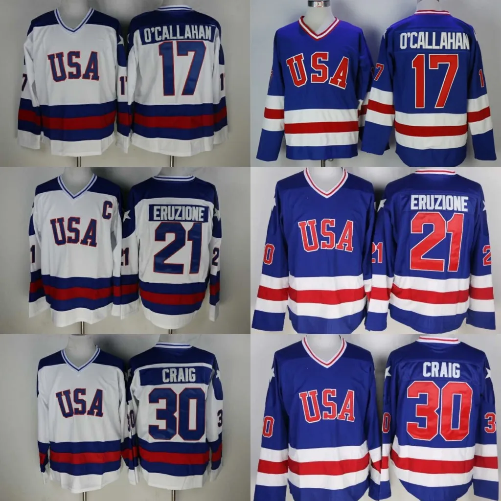 

1980 Team USA 30 Jim Craig Hockey Jersey 17 Jack O'Callahan 21 Eruzione Retro Jerseys