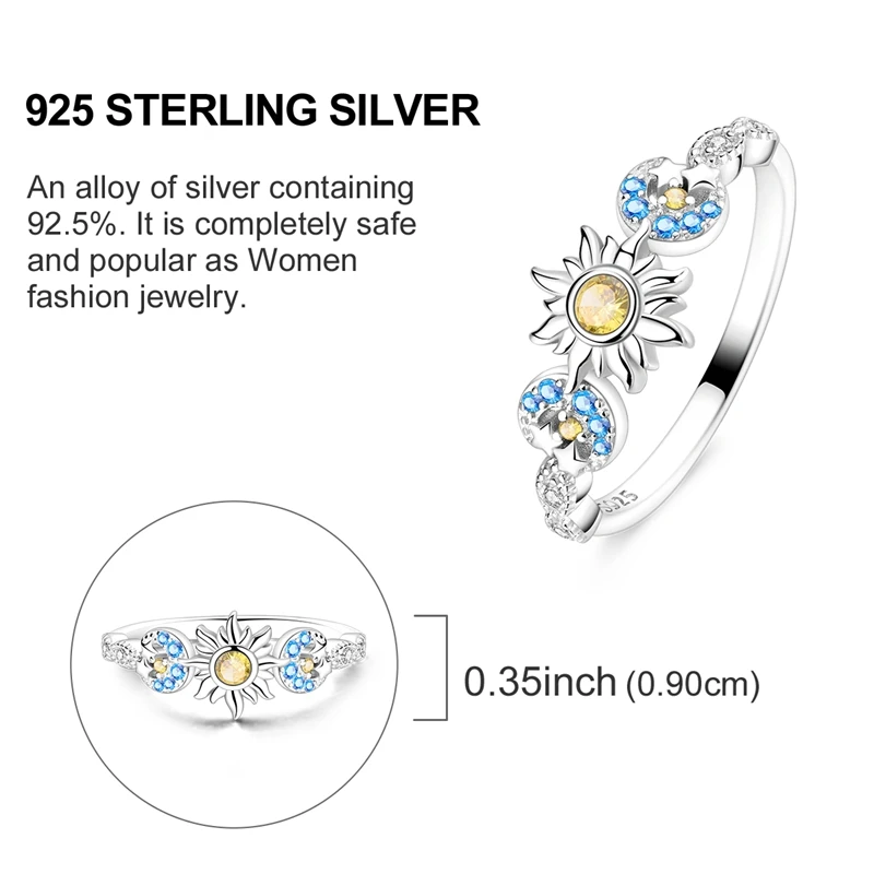 Women's 925 Silver Sun Moon Stars Ring, Sparkling Design