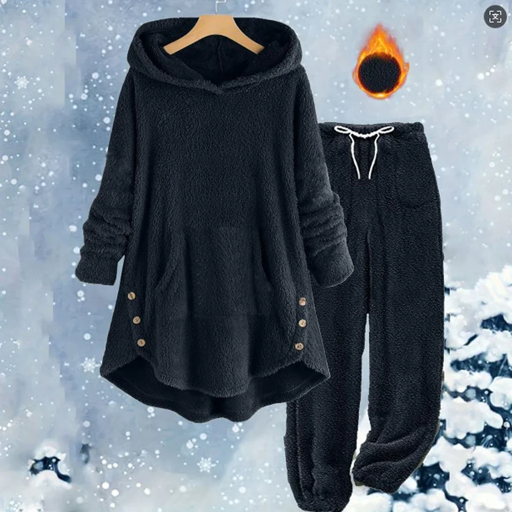 Women Fleece Pant Sweatshirt Coat Sets Two 2 pieces Sale Hoody Fluffy Soft Velvet Pullover Hooded Coat& Wide Leg Pant Suits