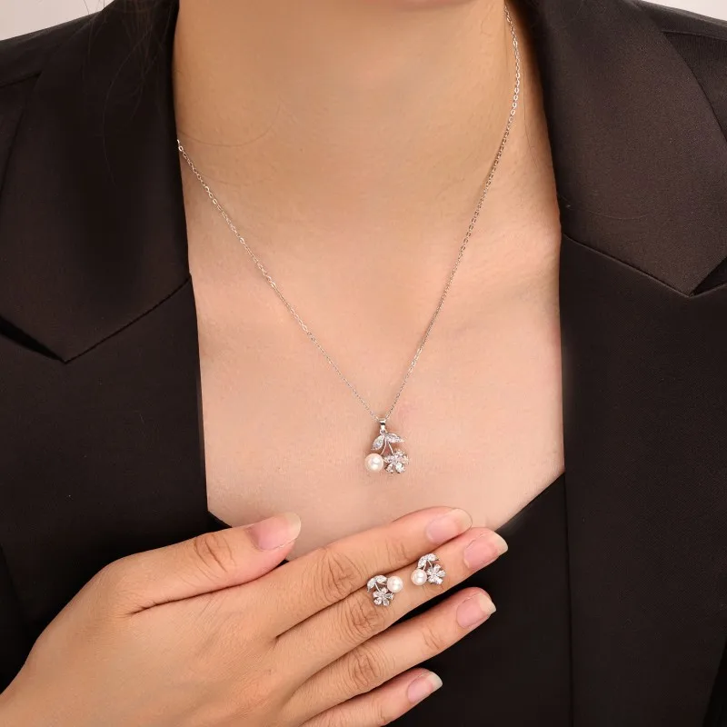 2-piece Flower Light Luxury High-end Inlaid Zircon Set for Female Actors, Elegant Personality Without Fading Wholesale Jewelry