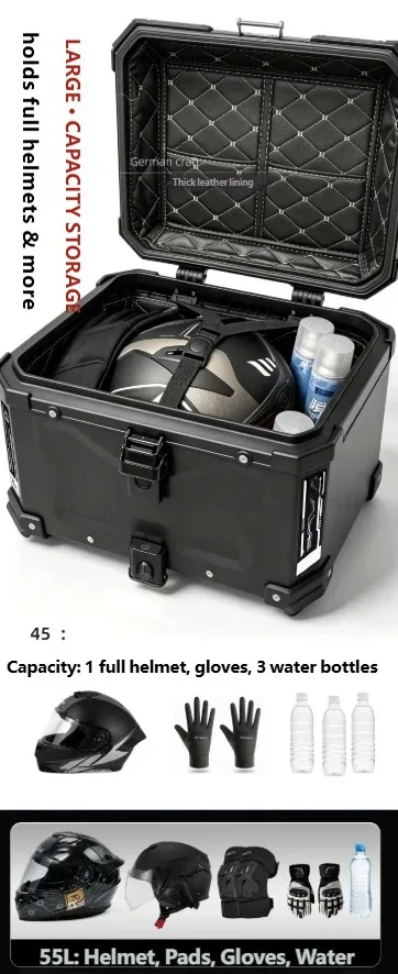 For BMW C400GT C400X 45L/55L Embossed‑Panel Aluminum Storage Box Leather Liner Stainless‑Steel Base Mod Accessories