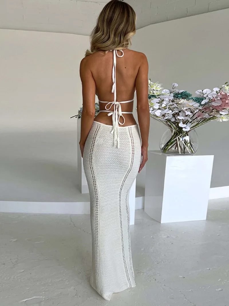 Women's Sexy Halter Lace-up Backless Knitted Long Maxi Dress Hollow Out Sleeveless Evening Party Sweater Dresses Vacation Robe