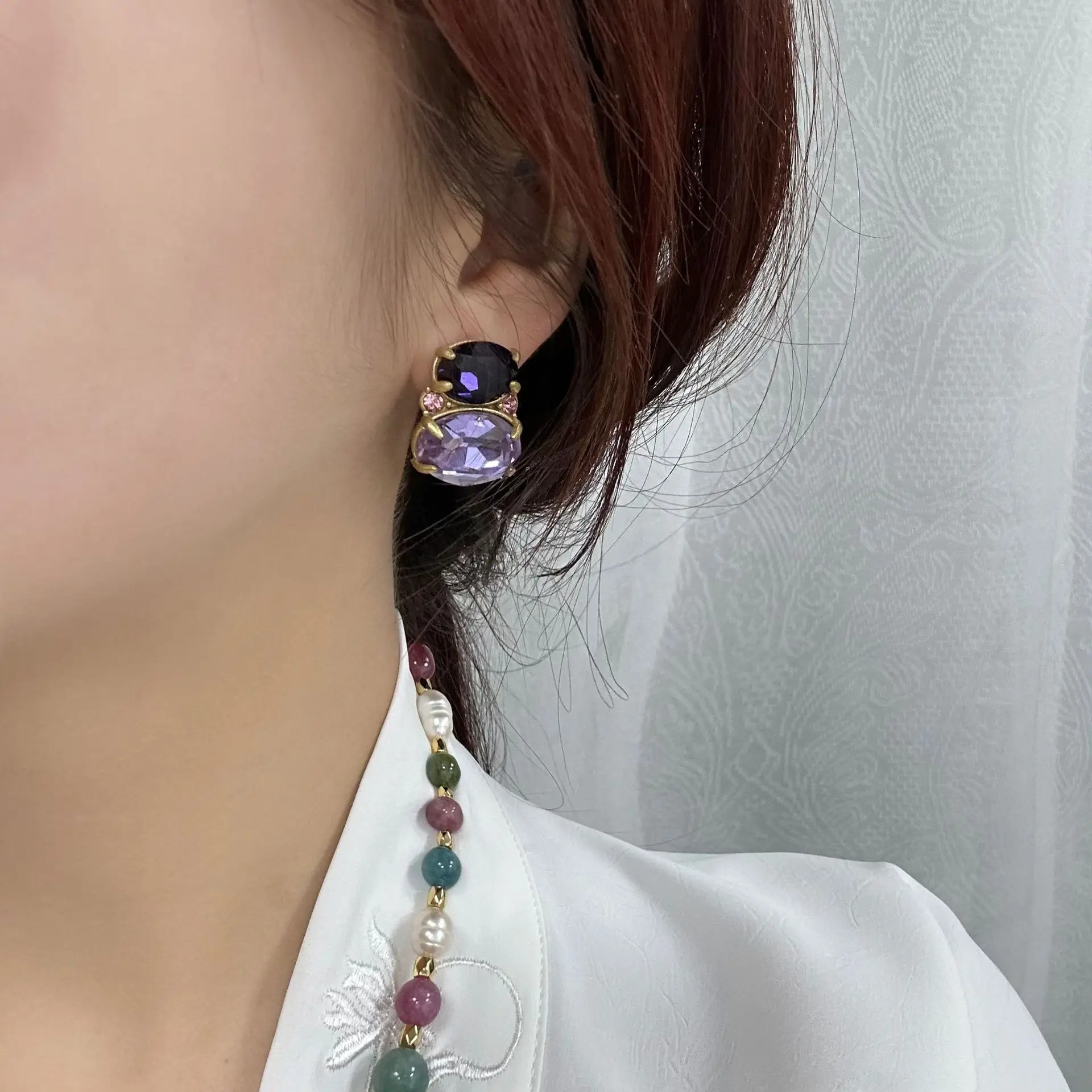 Summer new vintage earrings pueple zircon sweet oval stud earrings for women