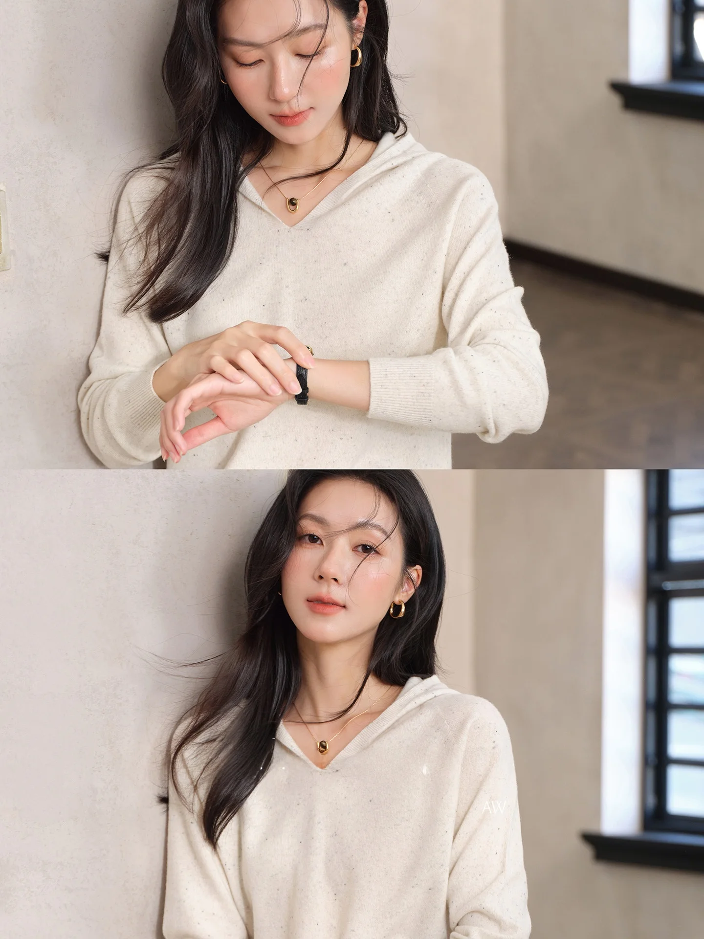 

Вязаный шерстяной худи bunny Sl для женщин: повседневный свободный топ с V-образным вырезом, весенняя мода, удобный, дышащий, с длинными рукавами