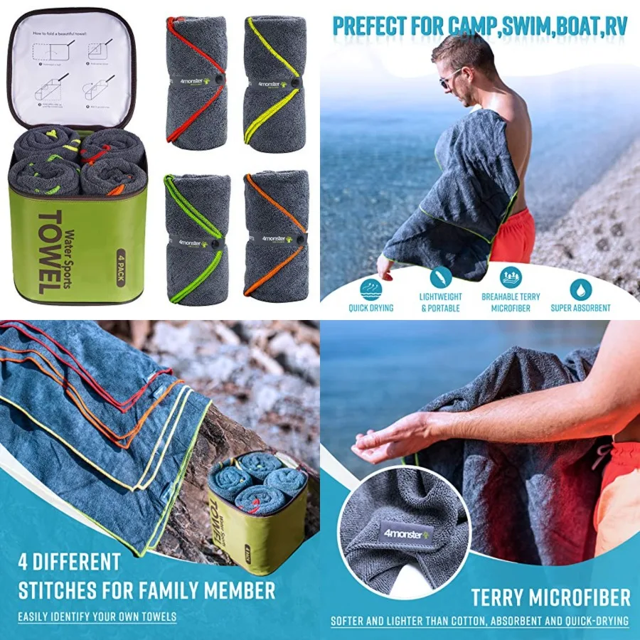 

4-Pack Quick Dry Microfiber Travel Towels – Super Absorbent, Ultra-Soft Camping Towel Set with Water-Resistant Bag, Lightweight & Compact for RV, Gym, Beach, Pool, Swimming, and Family Trips