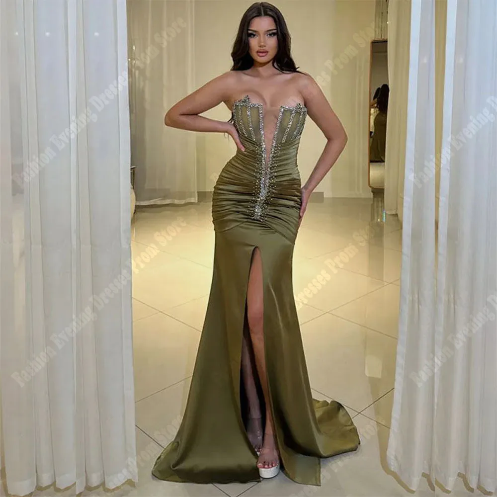 

Vintage Elegant Women Mermaid Evening Dresses Sexy V-Neck High Slit Backless Sleeveless Simple Mopping Cocktail Party Prom Gowns