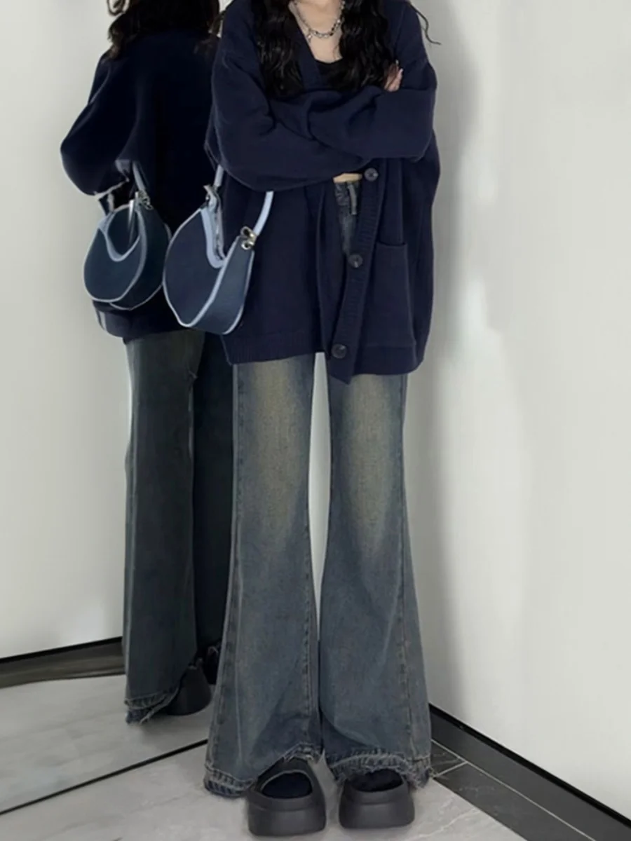 

Расклешенные джинсы в стиле ретро, женские джинсы больших размеров с высокой талией, утягивающие эластичные длинные брюки с потертостями по подолу, весенние хлопковые эластичные джинсы