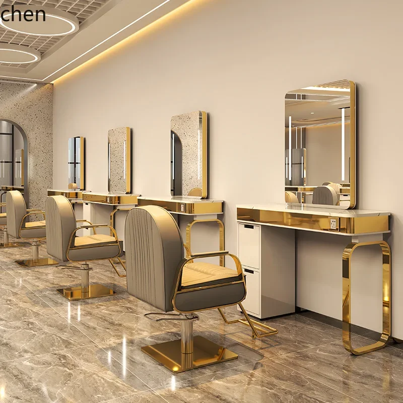 Hair Salon Mirror Table Double-Sided Marble Hairdressing Mirror Cabinet Integrated Salon Perm and Dye Table