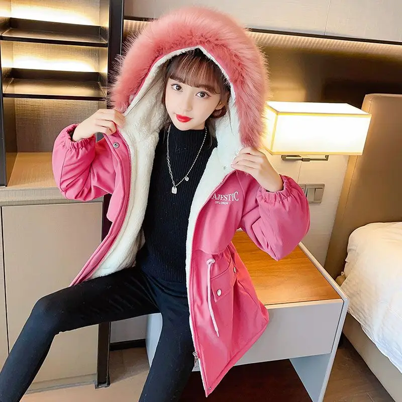 New Winter Down Cotton Jacket Girls Glossy Fur Collar Hooded Coat Children Outerwear Clothing Teenage 5-14Y Kids Parka Snowsuit