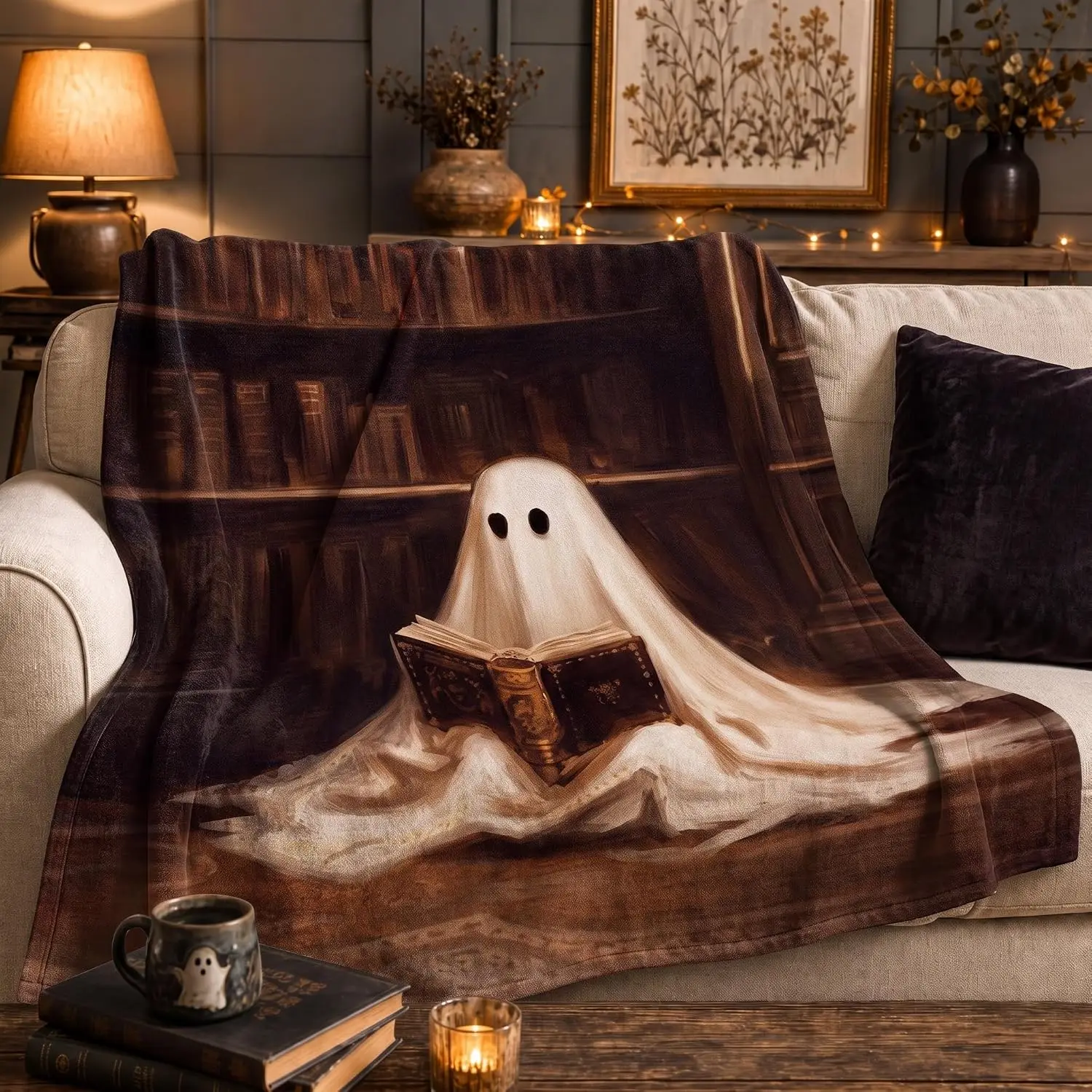 Cute Ghost Reader Blanket Halloween Reading Book Throw Blankets