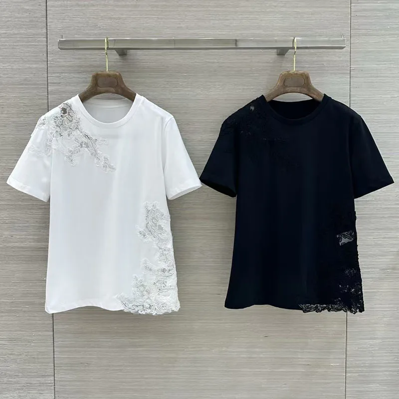 women's t-shirt New lace flower embroidered short sleeved top for summer 2026 pure cotton round neck pullover y2k tops for woman