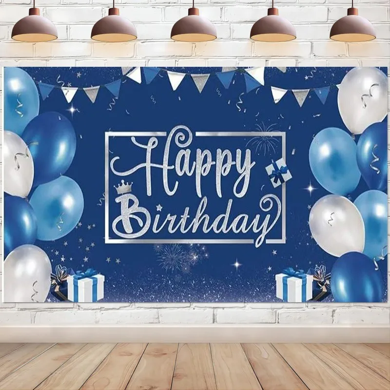 Happy Birthday Backdrop Sign Banner Blue and Silver Balloons Photography Background for Women Men Party Decorations Supplies