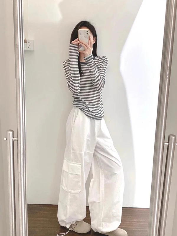 한국 스타일 루즈핏 라운드 넥 스트라이프 자외선 차단 티셔츠 여성 여름 얇은 긴 소매 패셔너블 탑 브이넥 폴리에스터...