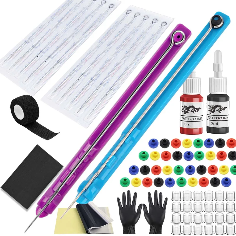 

Tattoo Kit Hand Poke Pen and Stick Set DIY Tattoo Needle Holder Tattoo Ink Cup Pigment Glover Grommet Bandage Kit Beginners Tool