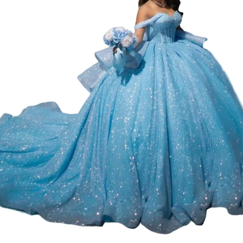 AN27 gaun Prom biru langit kustom 2025 gaun pesta ulang tahun anak perempuan 16th manis berpayet bahu terbuka Vestido 15 Quinceanera