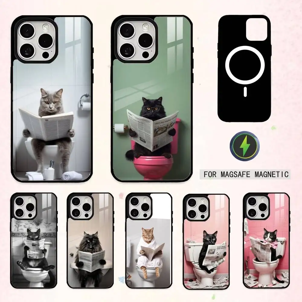 

H-Humorous Cat On Toilet Phone Case For iPhone17,16,15,14,13,12,11 Plus,Pro Max Magnetic For Magsafe Wireless Charging