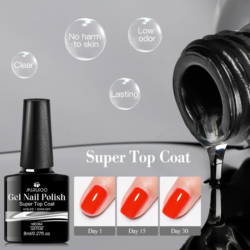 MSRUIOO 8ml 울트라 샤이니 탑 코트 젤 네일 폴리쉬 광택 지속 긴 지속력 긁힘 및 마모 방지 무닦음 HEMA/TPO 프리