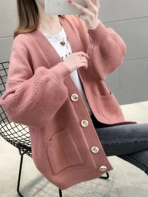 Morbido vento V-Ne lavorato a maglia cardigan aperto maglione allentato pigro da donna colore Jaet Top Primavera Autunno Inverno Faion