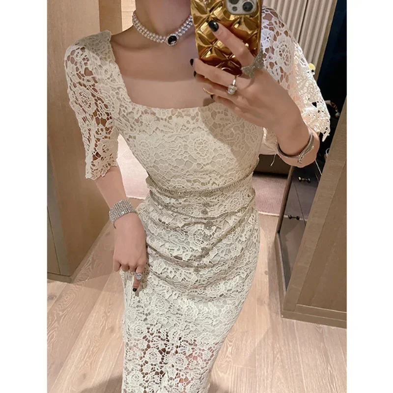 Embroidery Lace Dress Women Summer Square Neck Elegant Bodycon Vintage Clothing Diamond Button Hollow Party Vestido