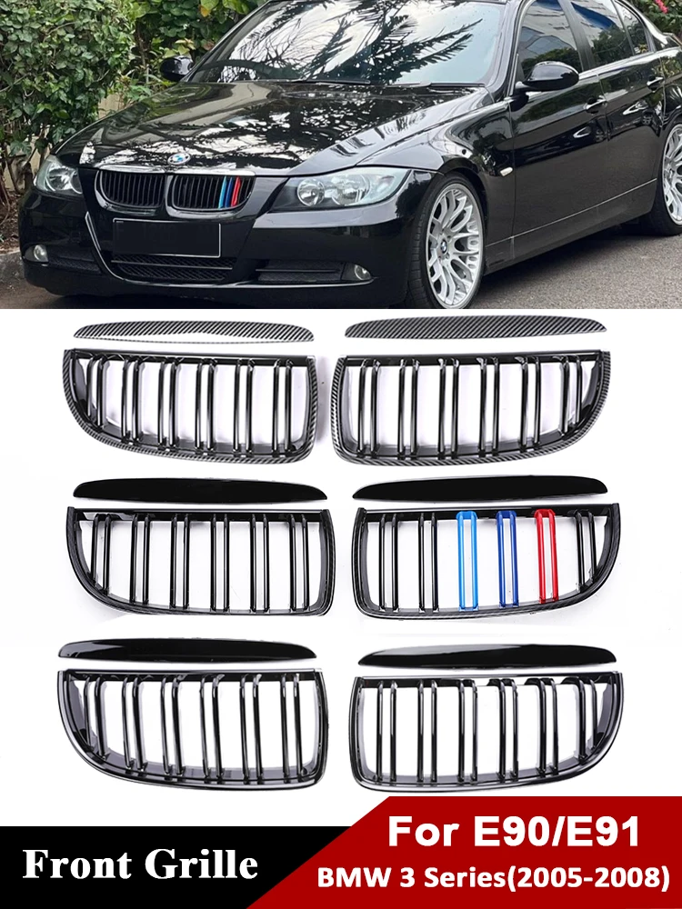 For BMW 3 Series E90 E91 2005-2008 Double Slat Gloss Black Refiting Grille Carbon Fiber M Color Racing Grills Cover Replacement