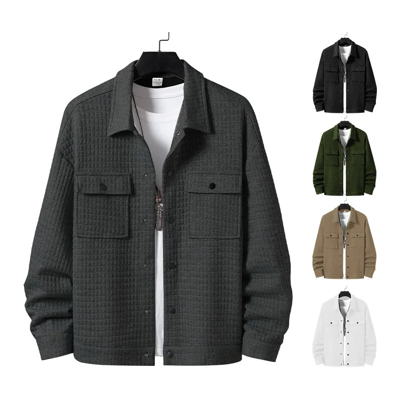 

Spring Autmn Men's Jacquard Checked Lapel Jacket Korean Vintage Single Breasted Short Coat Man Double Pockets Casual Outerwear