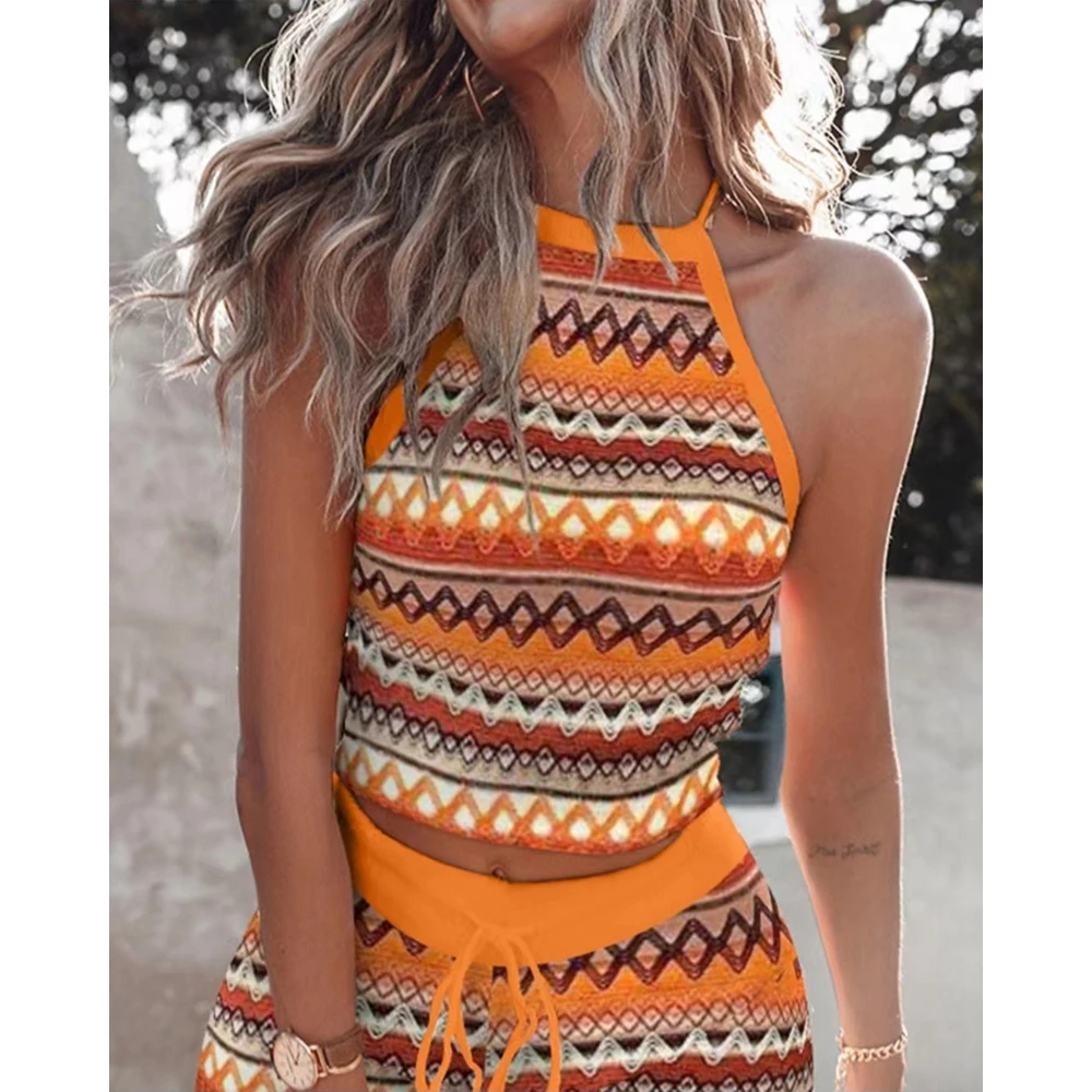 Women Summer Knitted Two Piece Women Sets Crop Halter Tank Top & Drawstring Shorts Set Casual New in Summer Ensemble Short Suit