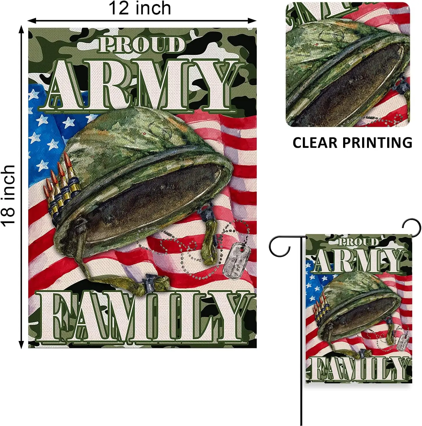 Proud Army Family 4th of July Patriotic Small Garden Flag, American Memorial Day Military Veterans Day Yard USA Armed Forces Ran