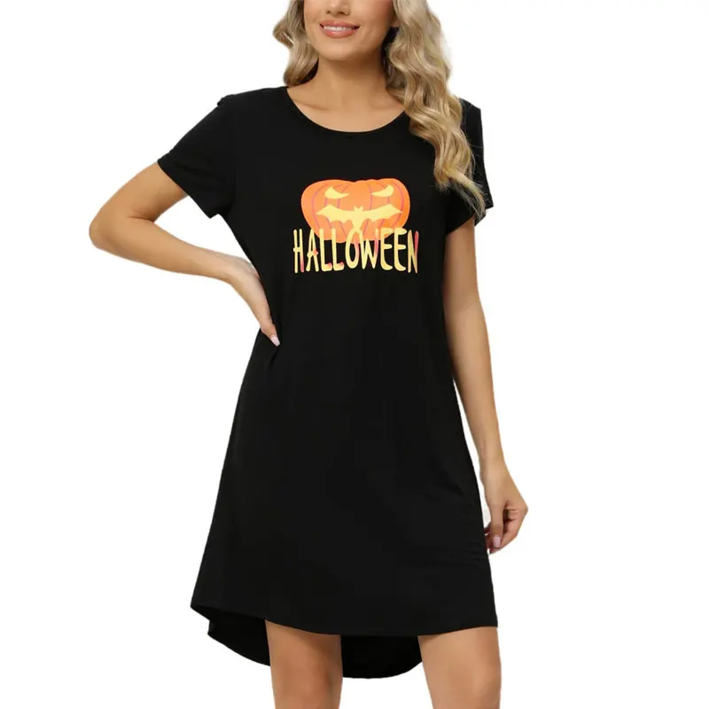 Women's Comfortable Pajama Dress with Sun & Heart Print – Round Neck Sleepwear Loungewear, Summer Nightgown Milk Silk Cat