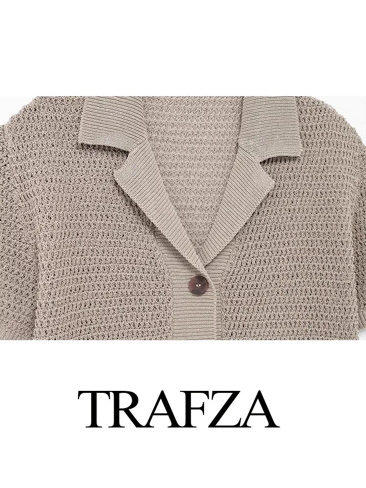 TRAFZA Women Fashion Solid SET Knitted Lapel Single-Breasted Short Sleeves Cardigan Top + Elastic Waist Woman Wide Leg Long Pant