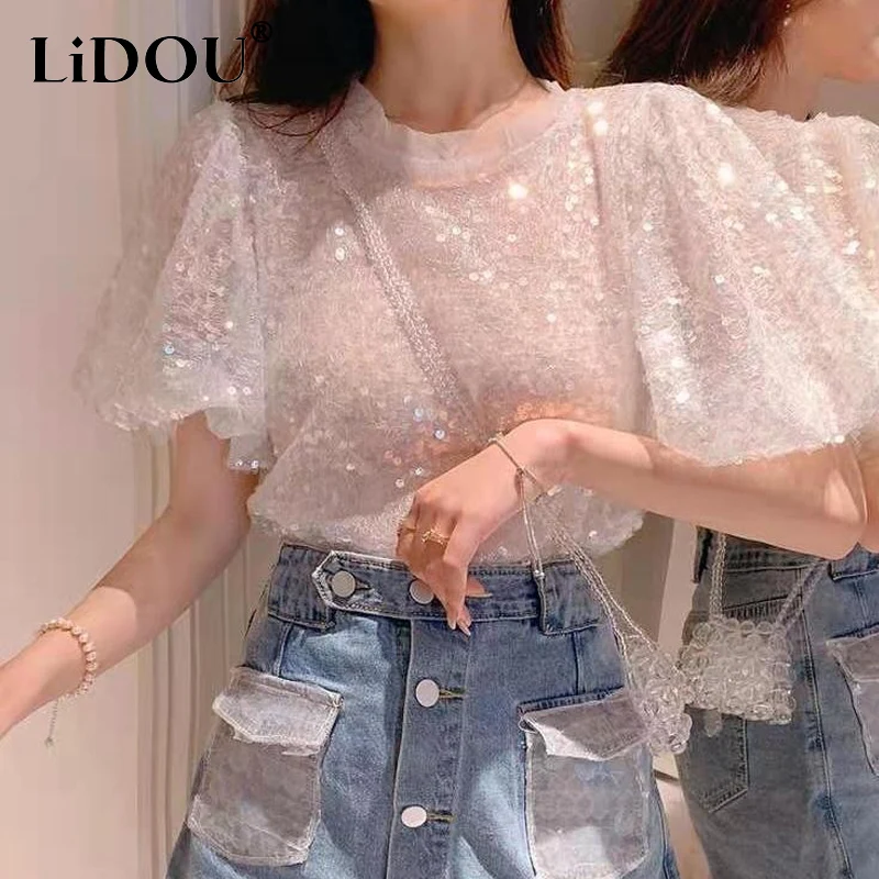 2023 Summer New Solid Color Round Neck Puff Sleeve T-shirt Women Fashion Sequined Lace Tees Korean Style Casual Temperament Tops