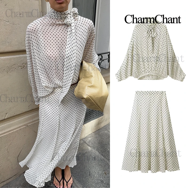 

CharmChant Women's Polka Dot Sheer Chiffon Oversized Shirt & Maxi Skirt 2 Piece Set Spring 2026 Retro Elegant Chic Party Outfits