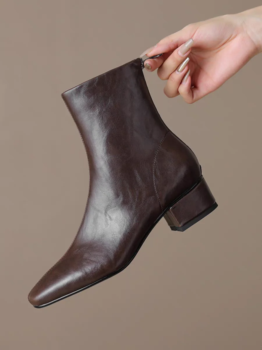 

Ботинки из натуральной кожи, женские осенне-весенние узкие ботинки на среднем каблуке на массивном каблуке в стиле ретро, коричневые ботинки на молнии с квадратной головкой