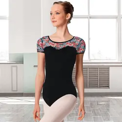 Women Black Short Sleeve Ballet Dance Leotard with Durable Elastics Printed Mesh and Sweetheart Neckline Ballet Clothes Bodysuit