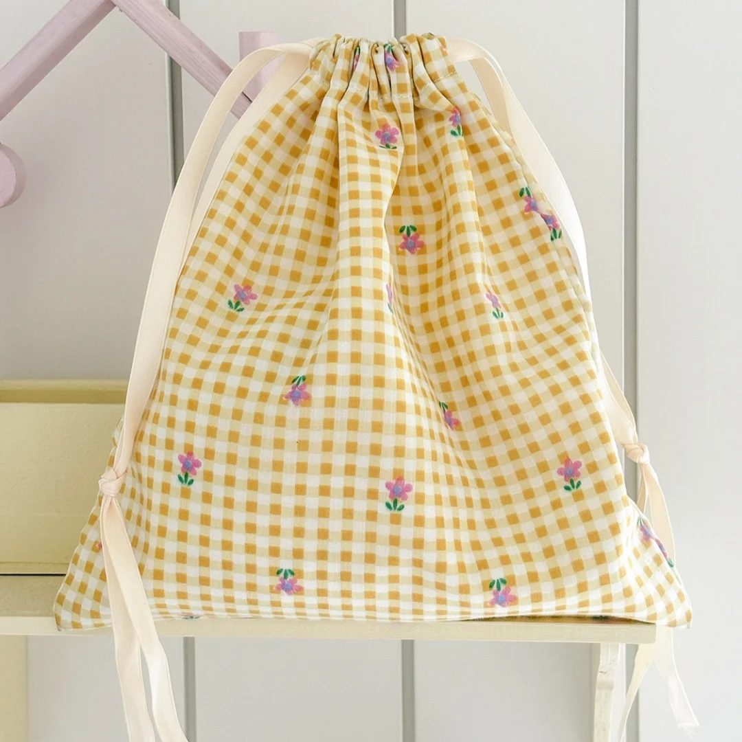 Yellow plaid drawstring bag,fresh and simple storage bag,travel portable miscellaneous sorting bundle pocket,lipstick makeup bag