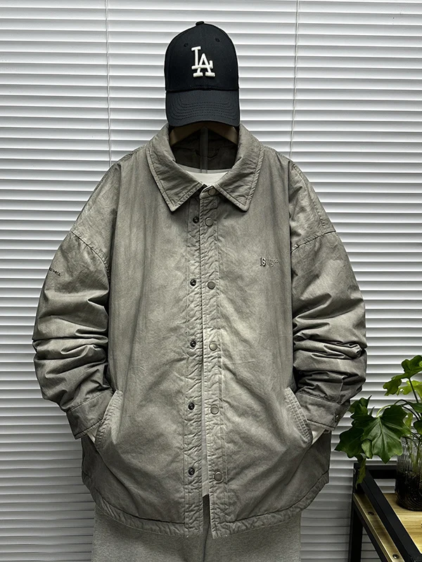 

Trendy Men's down Jacket Winter Loose Workwear Shirt Style Casual Jacket Polyester Fiber Long Sleeve White Duck down Filling