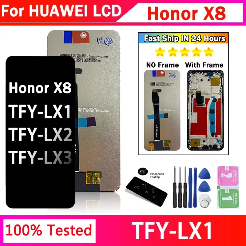 Test For Huawei Honor X8 TFY-LX1, TFY-LX2, TFY-LX3 LCD Display Touch Screen Digitizer Assembly For Honor X8 4G LCD Frame