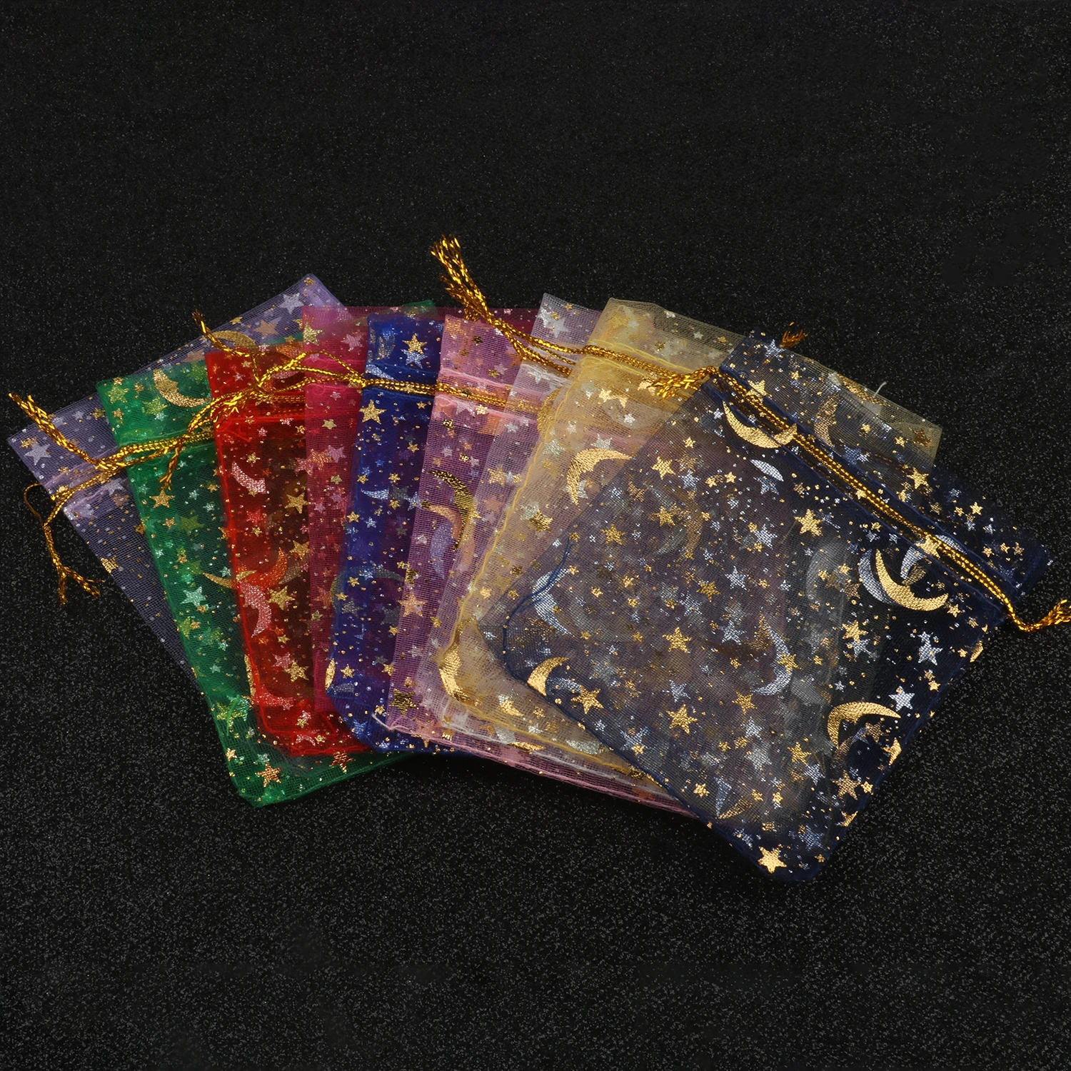 Star and Moon Impresso Organza Sack com Cordão, Charme Embalagem Sacos, Jóias Diário, Natal, 7x9 cm, 9x12 cm, 11x16 cm, 13x18cm, 50pcs por lote