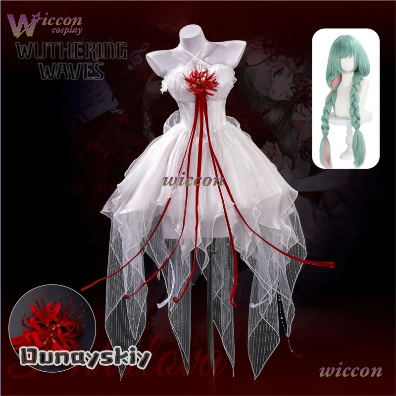 Wuthering Waves Wuwa Phrolova Cosplay Costume Wig White Wedding Dress Spider Lily Layered Headwear Women Halloween aBcDsss@