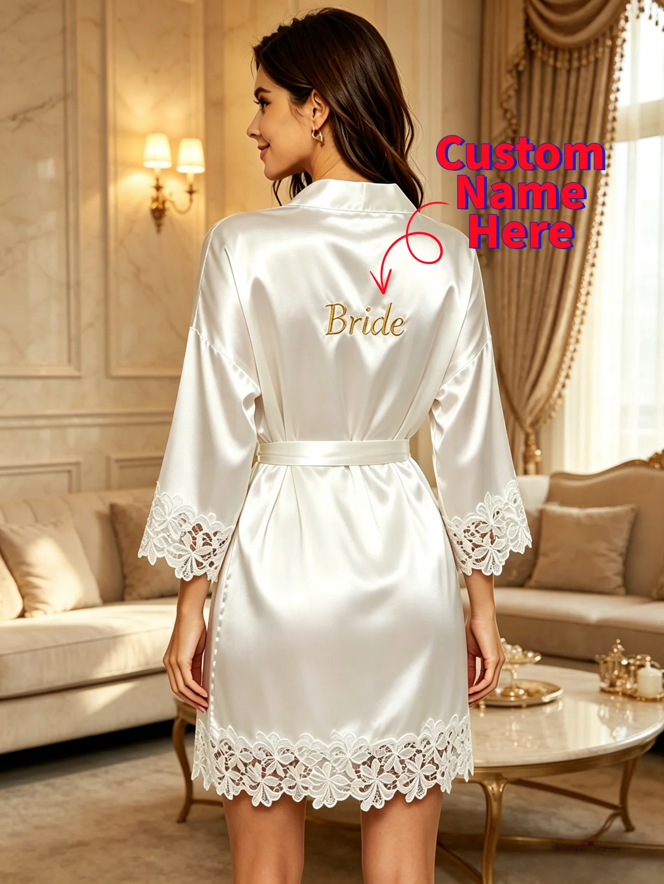 Custom Name Embroidery Satin Kimono Robe Peignoir Personalized Name Wedding Morning Robe Lace Trim Nightgown Bridal Party Gift