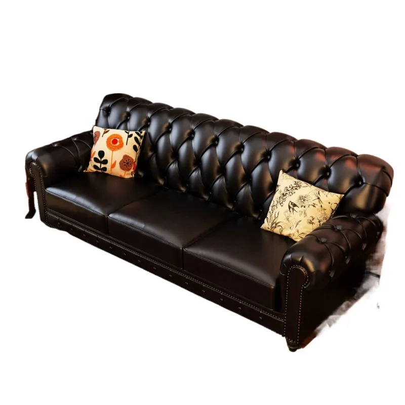 American sofa, oil wax leather first layer cowhide black retro knight sofa